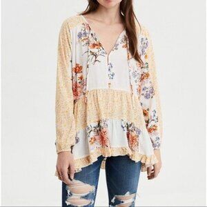 American Eagle Long Sleeve Print Mix Tunic in Cream/Orange  - Size XS - New
